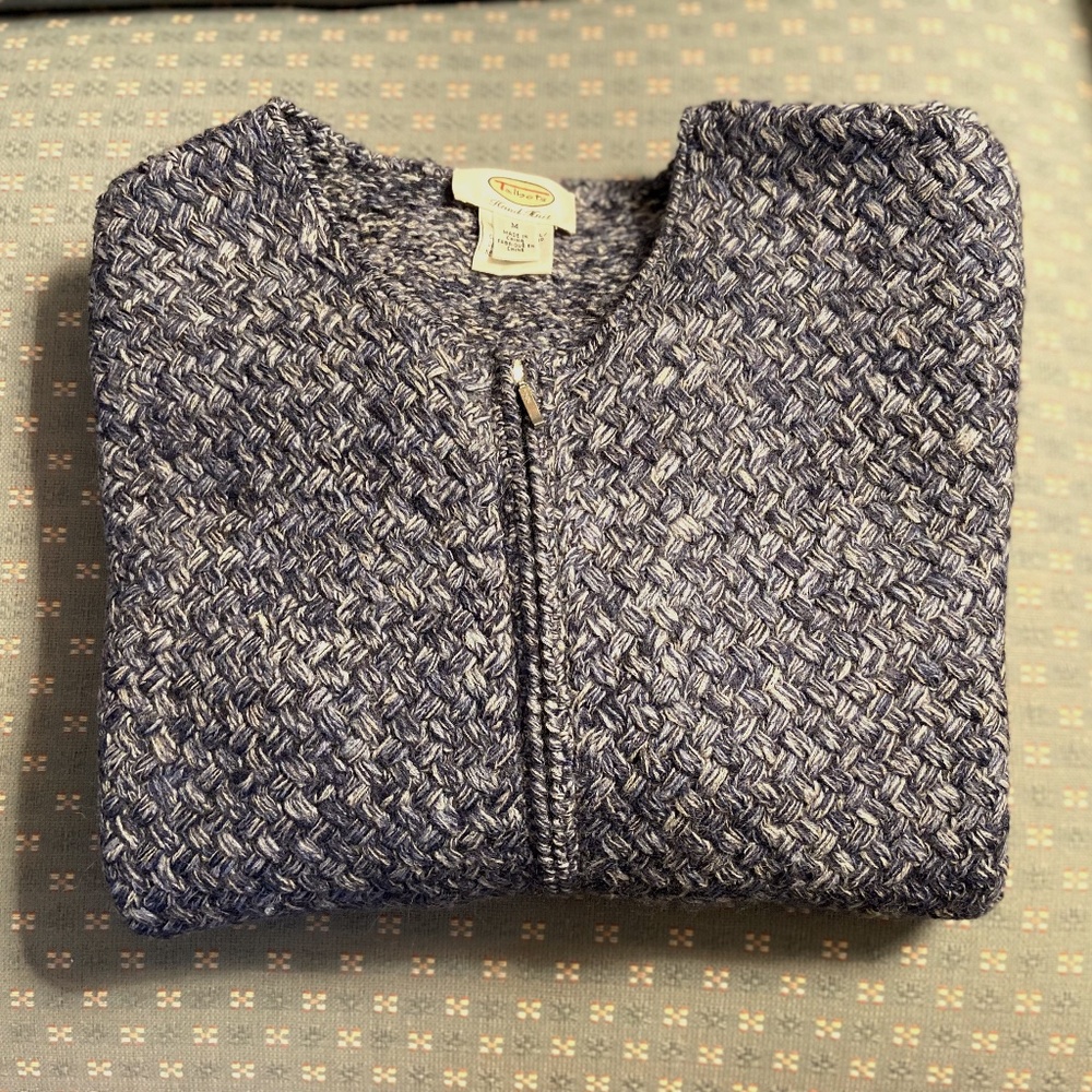 Talbots Blue & Grey Tweed Merino Wool Zip Cardigan; Medium; Perfect Condition